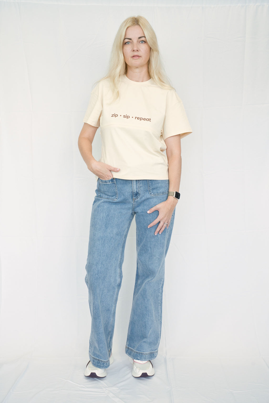 Beige Breastfeeding Tee with Hidden Zip – "Zip Sip Repeat"
