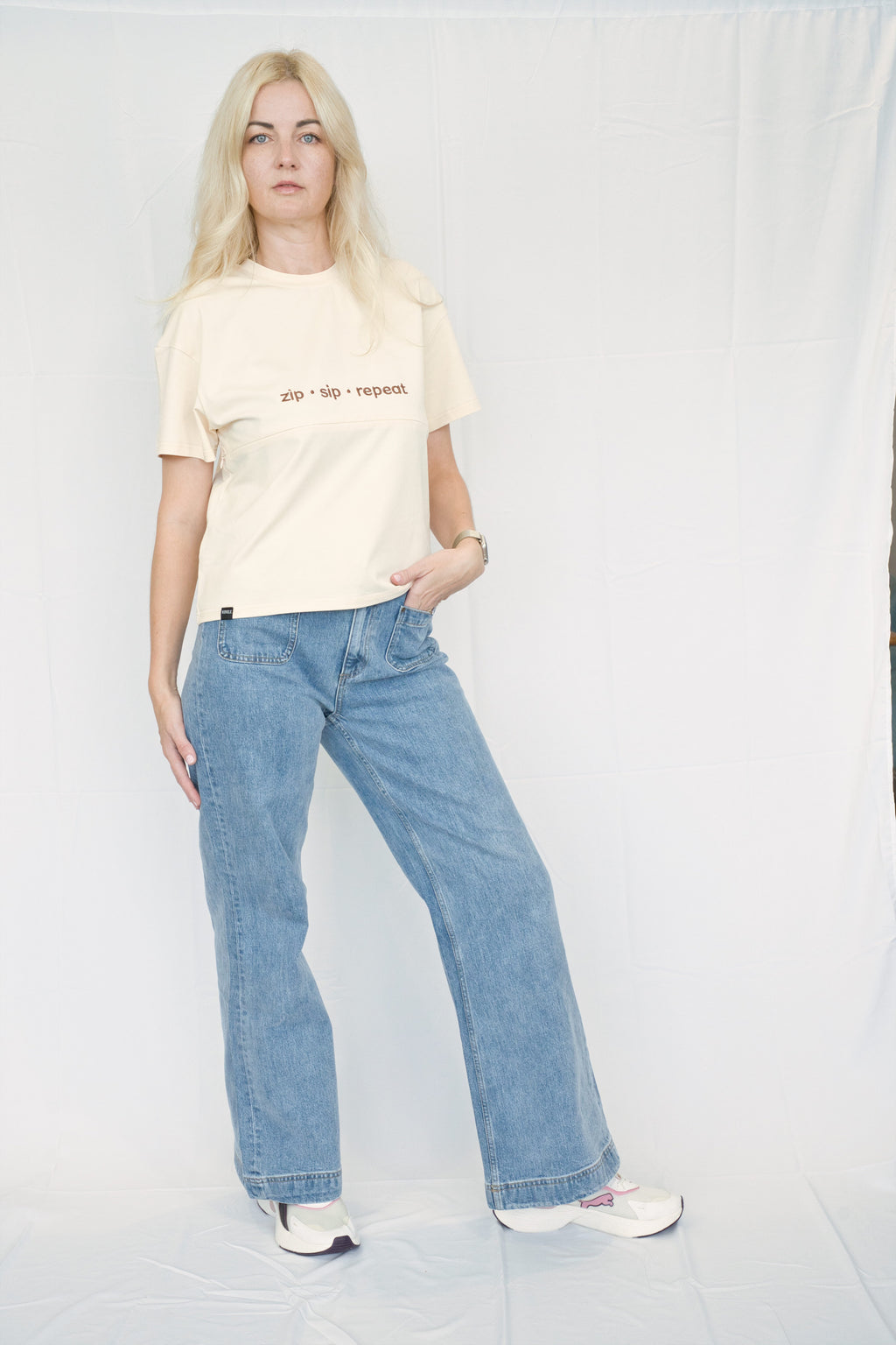 Beige Breastfeeding Tee with Hidden Zip – "Zip Sip Repeat"