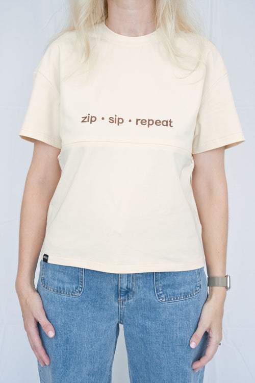 Beige Breastfeeding Tee with Hidden Zip – "Zip Sip Repeat"