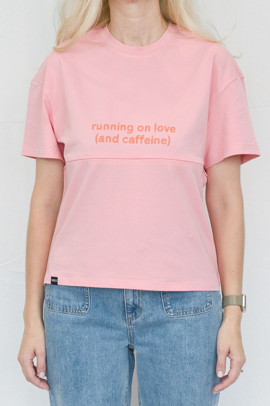 Pink Breastfeeding Tee with Hidden Zip – "Running on Love (and caffeine)"