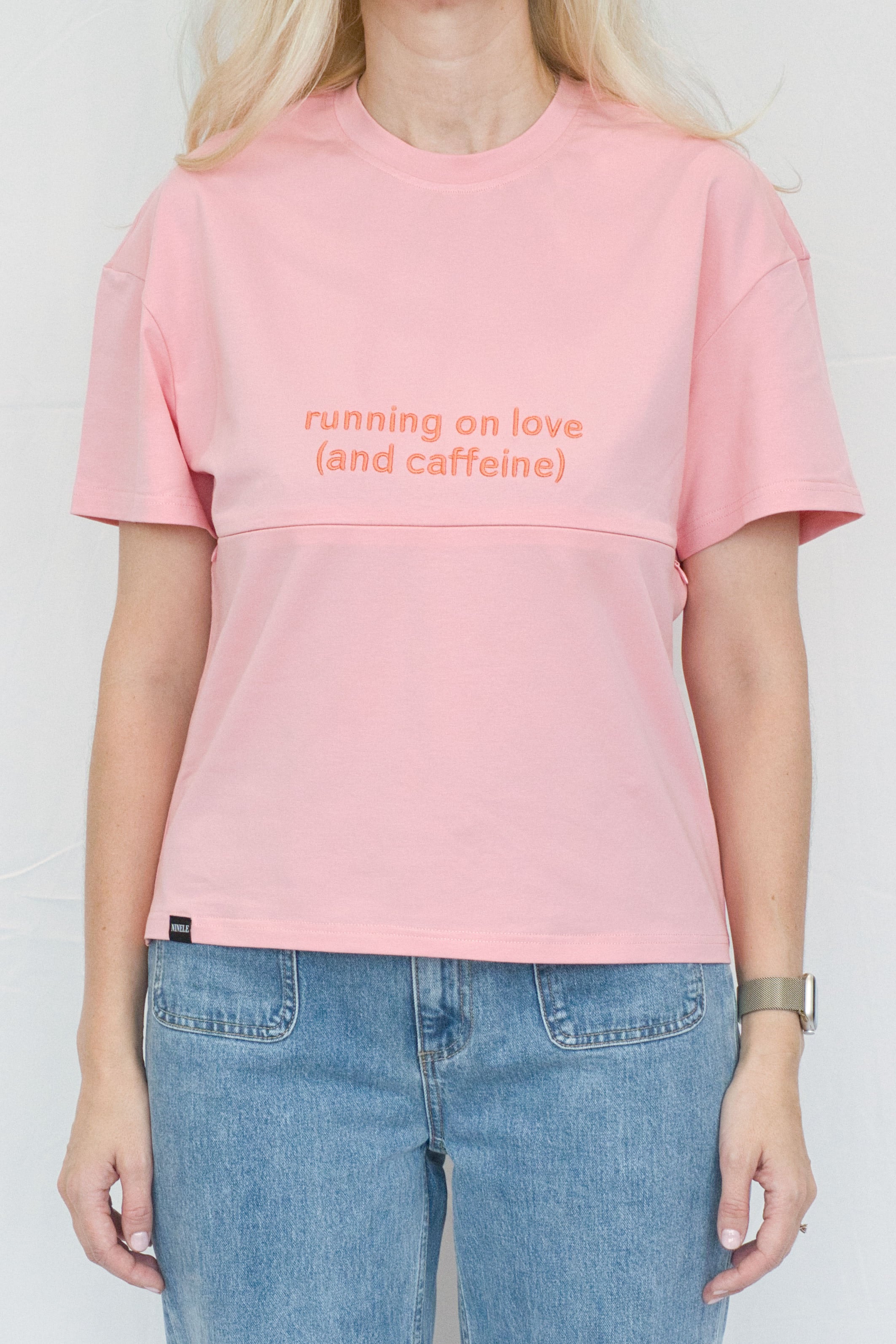 Pink Breastfeeding Tee with Hidden Zip – "Running on Love (and caffeine)"