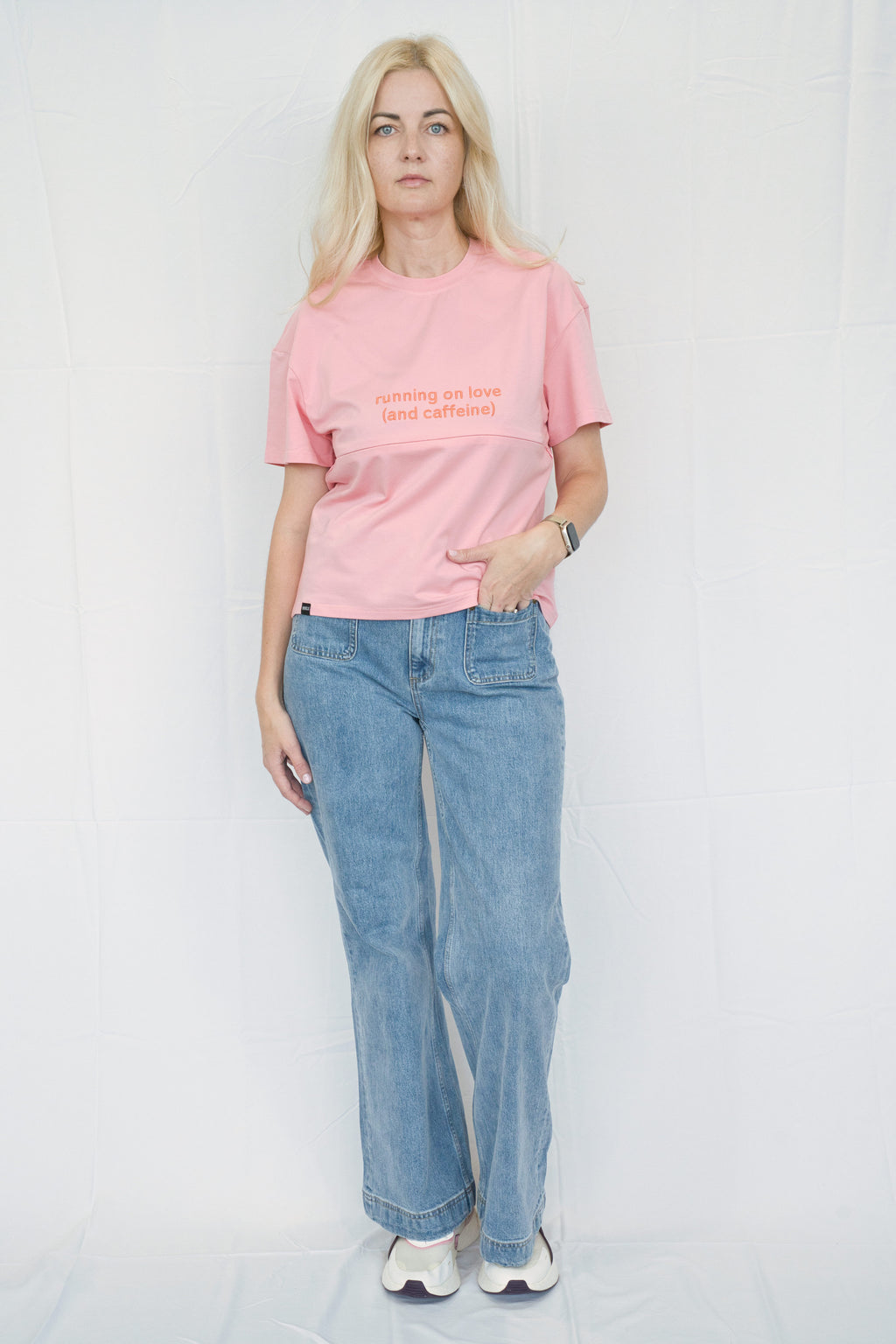 Pink Breastfeeding Tee with Hidden Zip – "Running on Love (and caffeine)"