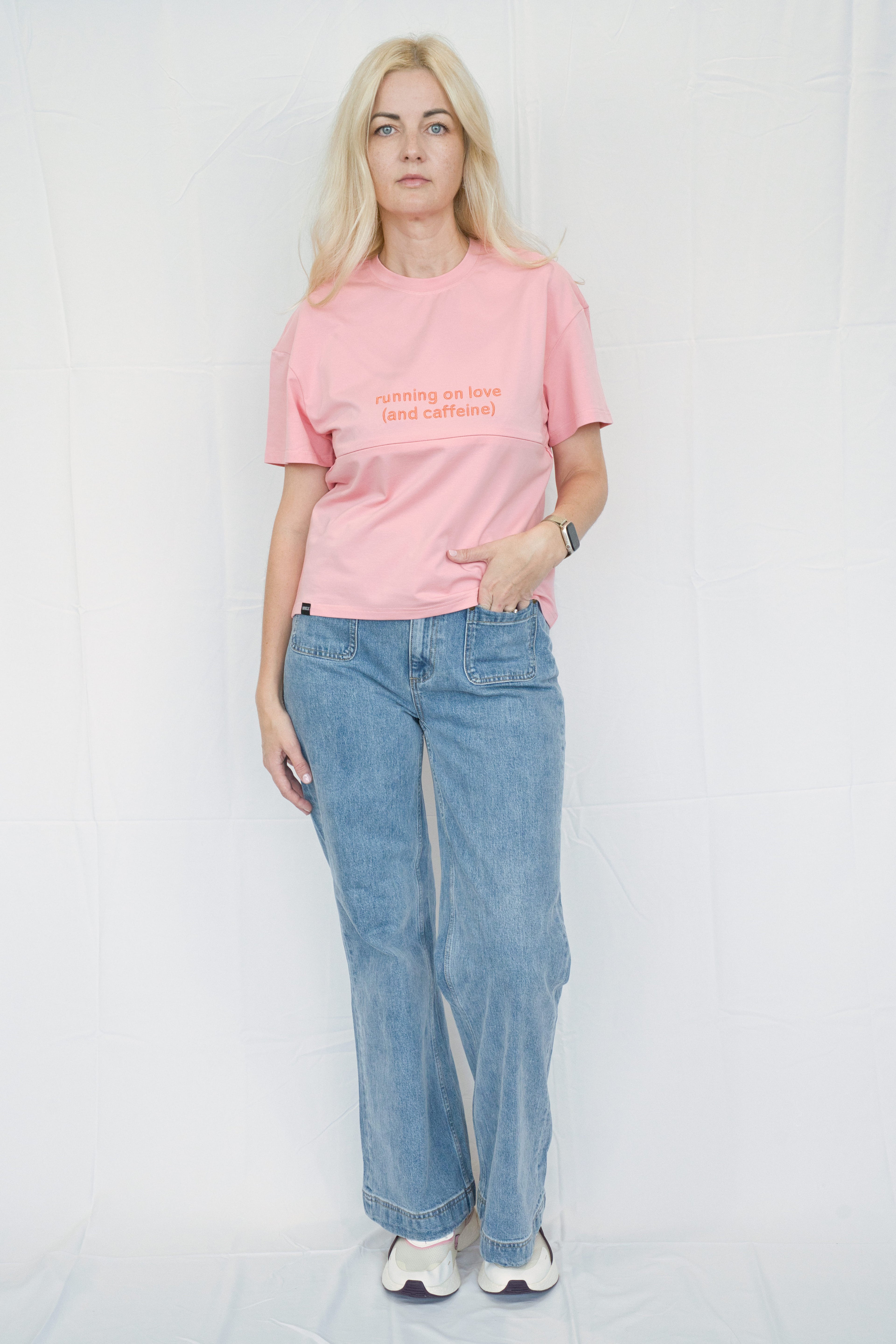 Pink Breastfeeding Tee with Hidden Zip – "Running on Love (and caffeine)"