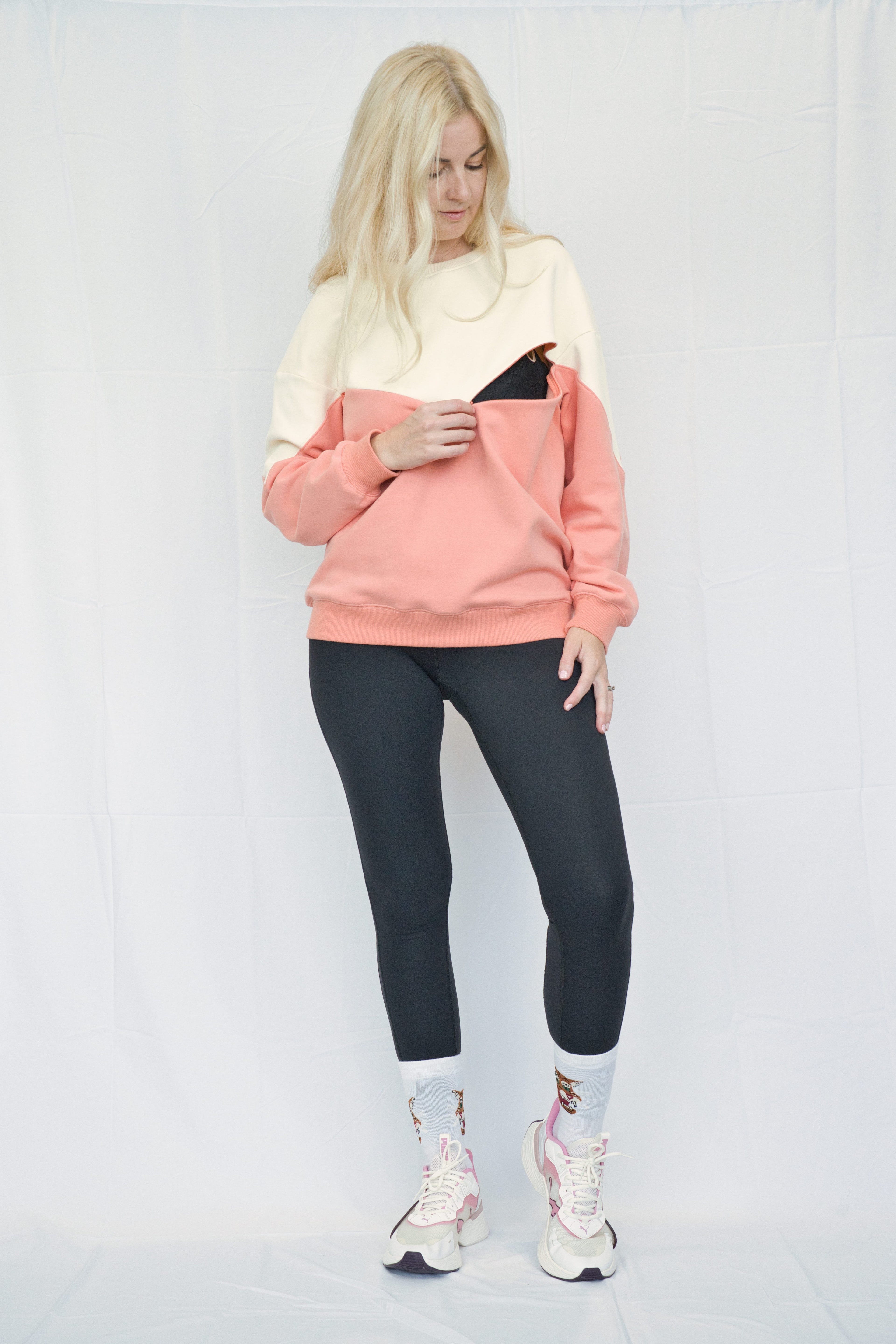 Cream & Peach Colour Block Breastfeeding Sweatshirt with hidden zip